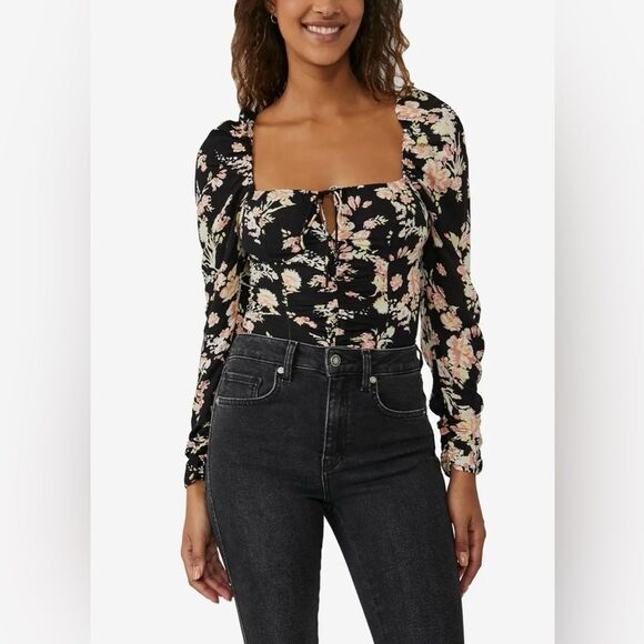 FREE PEOPLE Hilary Printed Floral Top Black Combo - Picture 1 of 16